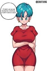 ai_generated big_breasts blue_eyes blue_hair blush breasts bulma bulma_briefs collarbone cute_face dragon_ball dragon_ball_super dragon_ball_z english_text erotix96 female_only hair_between_eyes huge_breasts looking_at_viewer milf mother serious short_hair simple_background solo_female speech_bubble thick_thighs tight_clothing voluptuous voluptuous_female white_background