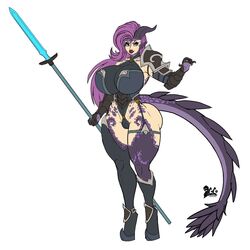 ass big_ass big_breasts breasts dragon_tail female horns huge_ass huge_breasts lurkergg muscular muscular_female naughty_face pinup seductive seductive_smile smile spear thick_thighs voluptuous