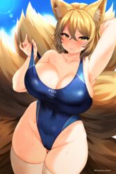 1girls arm_up armpit armpits bare_arms bare_legs bare_shoulders bare_thighs beach belly belly_button big_breasts blonde_hair blush blushing breasts brown_eyes cameltoe clothed clothed_female collarbone curvy deep_navel female female_focus female_only fluffy_ears fluffy_tail fox fox_ears fox_girl fox_tail huge_breasts kemonomimi large_breasts legs looking_at_viewer looking_to_the_side marota_(imyme_maro) medium_hair mostly_clothed multiple_tails navel plump ran_yakumo shiny shiny_breasts shiny_skin shiny_swimsuit smile smiling solo solo_focus sweat sweatdrop swimsuit teasing thick thick_legs thick_thighs thighhighs thighs tight tight_clothes tight_clothing tight_swimsuit touhou wet wet_swimsuit yellow_eyes yellow_fur