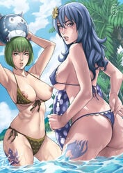 2girls areolae ass bathing bbw beach big_breasts bikini bikini_bottom bikini_top blue_eyes blue_hair bob_cut brandish_mew breasts breasts_out brown_nipples bubble_ass bubble_butt busty cleavage clothed clothing dakushido erect_nipples fairy_tail female female_only g-string green_eyes green_hair happy_(fairy_tail) juvia_lockser large_breasts long_hair looking_at_viewer looking_back micro_bikini multiple_girls nature nipples ocean outdoors outercourse pale-skinned_female pale_skin pose posing revealing_clothes short_hair sideboob standing swimming swimsuit tattoo tattoos thigh_tattoo thong voluptuous water