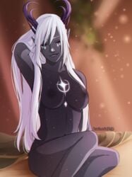 1girls aaravos antlers bare_chest breasts closed_eyes dark_skin elf elf_ears female_only genderswap genderswap_(mtf) horns kurizeria long_hair nude_female pointy_ears rule_63 smile startouch_elf the_dragon_prince white_hair