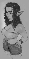 1girls 2018 alfie_(comic) alphanea_tolman bra bra_strap cleavage clothed contemporary fantasy female female_only halfling halfling_female incase large_breasts long_ears long_hair monochrome navel navel_piercing piercing pinup shorts shortstack sketch solo solo_female tagme tube_top tubetop