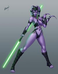 alien belly bocas_top bracelet erect_nipples fit_female green_eyes headdress jedi karosu-maker large_breasts lightsaber looking_at_viewer navel original_character purple_skin revealing_clothes simple_background star_wars toeless_legwear twi'lek unconvincing_armor warrior