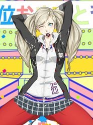 1girls ann_takamaki arms_up atlus blonde_hair clothed cum cum_on_breasts cum_on_chest cum_on_clothes cum_on_face long_hair persona persona_5 sihkygmojsn solo