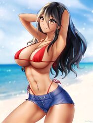 1girls amber_eyes armpits beach bikini black_hair cross_necklace earrings female gigamessy hands_behind_head large_breasts navel_piercing necklace_between_breasts original original_character seaside short_shorts smile tanned_skin thong voluptuous