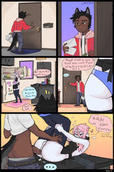 2boys anal anal_sex animal_ears apartment apron ass balls blue_panties blush closed_eyes clothing comic cum dark-skinned_male dark_skin earrings eating_food eyebrow_piercing eyebrows femboy fridge gay grey_body grey_skin hair_between_eyes heart holding_legs_up indoors kitchen legs legs_together legs_up male male_only pale-skinned_male pale_skin panties_around_legs penis piercings pink_hair raza refrigerator sidelocks tagme text tied_hair trap trembling