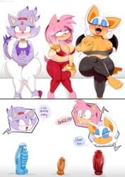 3girls absurdres after_masturbation amy_rose anal anal_insertion anthro anthro_only areola_slip areolae ass barefoot bat_wings before_and_after big_ass big_breasts big_butt biting_lip blaze_the_cat blue_eyeshadow blush boobs bottom_heavy breast_grab breasts breasts_out casual cleavage clothed clothed_female comic contest curvaceous curvy dildo dildo_in_pussy dildo_reveal dildo_sitting english english_text eyelashes eyeliner eyeshadow female female/female female_only forehead_jewel fully_clothed furry furry_only green_eyes hairband hi_res highres huge_dildo implied_masturbation implied_penetration insertion jinu large_breasts large_insertion leggings lipstick lube makeup masturbation midriff mobian_(species) multiple_girls navel neckwear nipples open_mouth orgasm photo pink_body pink_fur pink_hair pleasure_face purple_fur purple_hair pussy_juice rouge_the_bat sega self_fondle sex_toy sex_toys shortstack simple_background sitting sitting_on_dildo skin_tight small_breasts sonic_(series) speech_bubble sports_bra sweat tail tan text thick_thighs tits video_games voluptuous white_background white_hair wide_hips wings wristwear yellow_eyes yoga_pants