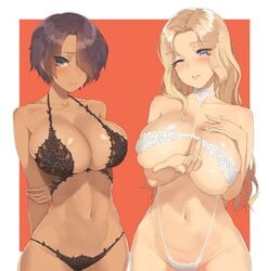 2girls belly blonde_hair blue_eyes blush brown_hair chocolate_and_vanilla cleavage hair_over_one_eye huge_breasts imminent_sex inviting lingerie long_hair looking_at_viewer navel original original_characters short_hair shy tanned throtem wink