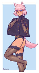 1boy black_gloves blue_eyes cat_ears clothing crossdressing elbow_gloves eyebrows eyebrows_visible_through_hair eyelashes femboy feminine_male garter_straps girly gloves lace-trimmed_thighhighs legs lingerie looking_at_viewer male male_only pink_hair pinup pose pouting raza solo standing standing_on_one_leg stockings tagme tail tan_skin thighhighs trap xthighs