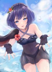 1girls bare_shoulders bikini bird black_gloves black_swimsuit blue_eyes blue_hair blush braid casual_one-piece_swimsuit cloud cloudy_sky collarbone cowboy_shot criss-cross_halter crown_braid day dutch_angle female fingerless_gloves fire_emblem fire_emblem_awakening fire_emblem_heroes fisheye flower gloves hair_flower hair_ornament halterneck highres leonmandala lucina_(fire_emblem) lucina_(summer)_(fire_emblem) marth_(fire_emblem_awakening) nintendo one-piece_swimsuit outdoors outstretched_arms parted_lips red_flower see-through short_hair sky smile solo splashing swimsuit symbol_in_eye water