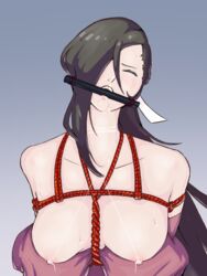 1girls big_breasts bondage brown_hair closed_eyes female fire_emblem fire_emblem_fates gag gagged kagero_(fire_emblem) large_breasts long_hair mouth_gag nintendo nipple_piercing nipples one_eye_covered power_(artist) restrained rope rope_bondage saliva solo solo_female sweat