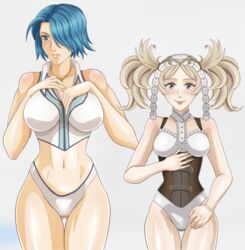 ass_visible_through_thighs big_breasts blonde_hair blue_eyes blue_hair blush clothed corset fire_emblem fire_emblem:_radiant_dawn fire_emblem_awakening large_breasts leenvidia light_blue_eyes light_blue_hair lips lissa_(fire_emblem) looking_at_viewer looking_away looking_to_the_side lucia_(fire_emblem) medium_breasts midriff nintendo one_eye_covered smile sticking_out_tongue thighs tongue tongue_out twintails