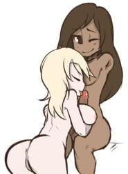 1futa 1girls amputee ass athorment_oc balisk_oc blonde_hair brown_eyes brown_hair closed_eyes desya_(balisk) female female_only futanari gold_eyes holding_breasts interracial intersex intersex/female licking licking_penis one_arm one_eye_closed paizuri peachpilltree penis pussy sitting smile ximena_(athorment)