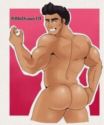 1boy aledraws19 ass ass_focus back back_muscles back_view bara biceps big_ass big_butt black_hair bubble_ass bubble_butt gay green_eyes human human_only little_mac looking_back male male_focus male_only muscular muscular_male nude nude_male punch-out!! punch_out shirt shorts smile smiling solo solo_focus solo_male tan tan_body tan_skin toned toned_body toned_male