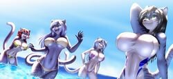 2:1_aspect_ratio 4girls anthro belly bikini black_hair blue_eyes bocas_top cat_ears cat_humanoid cat_tail catgirl catgirls deviantart front-tie_bikini front-tie_top furry green_eyes hand_on_hip hourglass_figure large_breasts multiple_girls navel one-piece_swimsuit original original_characters pak009 partially_submerged questionable red_hair seaside smile tiger_girl tiger_stripes voluptuous white_hair