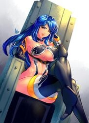 1girls blue_hair detached_sleeves erect_nipples female high_heel_boots large_breasts long_gloves looking_at_viewer original original_character red_eyes revealing_clothes seductive sitting_on_chair thigh_boots voluptuous xdtopsu01