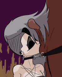 1boy 1girls black_lipstick choker closed_eyes cock_worship dark-skinned_male earrings eyeshadow female goth grey_hair helluva_boss human_loona humanized leash light-skinned_female light_skin loona_(helluva_boss) makeup male penis penis_kiss penis_on_face sidecut tagme vivienne_medrano