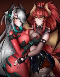 2girls android ass bodysuit breasts choker cumfishe cyborg dragon female female_only fingerless_gloves gloves grabbing_ass grabbing_breasts groping hair_over_one_eye horns huge_ass huge_breasts leggings long_hair looking_at_viewer red_hair selfcest skin_tight smile symmetrical_docking tail torn_leggings very_long_hair virtual_youtuber vshojo white_hair wings yellow_eyes zentreya