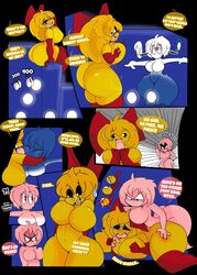 angry big_breasts cowgirl_position featureless_breasts featureless_crotch game_mechanics game_over ghost huge_ass huge_breasts inkit89 ms._pac-man nude pac-man_(series) pinky_(pac-man) red_bow tears yuri