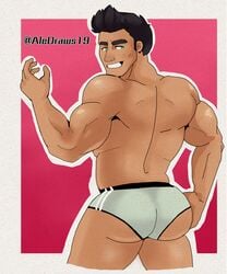 1boy aledraws19 ass ass_focus back back_muscles back_view bara biceps big_ass big_butt black_hair briefs briefs_only bubble_ass bubble_butt gay green_eyes grey_briefs grey_underwear human human_only little_mac looking_back male male_focus male_only muscles muscular muscular_male punch-out!! punch_out shirt shorts smile smiling solo solo_focus solo_male tan tan_body tan_skin toned toned_body toned_male underwear underwear_only