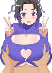 alternate_breast_size alternate_costume big_breasts black_hair blush boob_window breast_grab breasts butterfly_hair_ornament cleavage cleavage_cutout clothed_paizuri clothing demon_slayer double_v enormous_breasts female female_focus huge_breasts imarin_balloon kamado_tanjirou keyhole_turtleneck kimetsu_no_yaiba kochou_shinobu looking_at_viewer male male_pov outercourse paizuri purple_eyes straining_buttons sweater turtleneck two_tone_hair