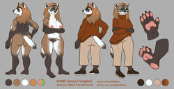 absurd_res anthro areola ass big_breasts big_butt black-footed_ferret bottomwear breasts brown_hair chubby_female claws clothed clothing crossed_arms digital_media_(artwork) domestic_ferret emma_campbell english_text eyewear fapchop female footwear fur genitals glasses green_eyes hair hi_res legwear long_hair mammal model_sheet multicolored_body multicolored_fur mustela mustelid musteline nipples nude pants pawpads paws pussy rear_view shoes simple_background smile solo standing sweater text topwear wide_hips