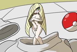 1girls blonde_hair blushing breasts covering covering_breasts covering_crotch female green_eyes lusamine_(pokemon) mythkaz naked nintendo nude open_mouth pokeball pokemon pokemon_sm shrunk shrunken shrunken_woman solo