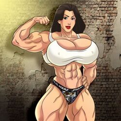 big_breasts black_hair extreme_muscles muscular_female original_character roemesquita white_topwear