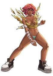 blue_panties breasts brown_eyes cherry_hunter cleavage curly_hair dark-skinned_female dark_skin exploding_clothes hi_res looking_at_viewer navel panties pinup red_hair shoes short_hair simple_background smile solo solo_focus standing streets_of_rage streets_of_rage_4 torn_clothes xkorner