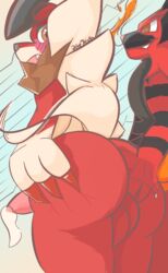 anthro ass balls big_balls black_body black_fur blush bodily_fluids brown_eyes butt_grab claws cum cum_drip domination dripping duo fire fur genital_fluids genitals girly gradient_background hand_on_butt hi_res incineroar koda_(thekoda) larger_male lycanroc male male/male nintendo open_mouth pink_nose pokémon_(species) pokemon presenting red_body red_claws red_fur simple_background size_difference smile smirk tan_body tan_fur video_games white_body white_fur