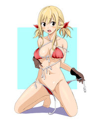 1girls barefoot bikini bikini_bottom bikini_top blonde_hair blush brown_eyes embarrassed fairy_tail feet female gloves hair_ribbon kneeling looking_at_viewer lucy_heartfilia nasunaasu on_knees open_mouth pale-skinned_male pale_skin panties pigtail pose posing ribbons solo solo_female solo_focus squatting tied_hair toes undressing