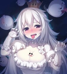 1girls between_breasts blush boo_(mario) boosette breasts cleavage clothing female female_focus gloves huge_breasts long_hair looking_at_viewer luigi's_mansion mario_(series) new_super_mario_bros._u_deluxe nintendo olive_(laai) open_mouth sharp_teeth teeth tongue tongue_out