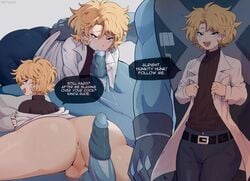 2boys androgynous anus ass balls big_ass blonde_hair blue_skin bottom_heavy bulge earrings gay girly huge_ass labcoat male mutant pale-skinned_male pale_skin penis short_hair speech_bubble spread_legs testicles text thick_thighs unusual_penis