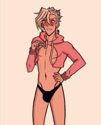 2020 blush blushing bulge crispnuqqet embarrassed jojo's_bizarre_adventure male male_only muscular muscular_male nipples pannacotta_fugo pecs pink_sweater red_eyes solo solo_male sweater thong vento_aureo white_hair