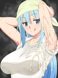 1girls aqua_(konosuba) armpits arms_above_head arms_behind_head big_breasts blue_eyes blush cum_on_arm cum_on_armpit cum_on_breasts cum_on_upper_body female female_focus female_only kono_subarashii_sekai_ni_shukufuku_wo! large_breasts light_blue_hair looking_at_viewer looking_to_the_side naughty_face sexy_armpits smile sweat sweat_stain tedain tongue_out