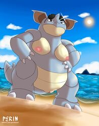 anthro beach breasts cloud eyewear fat female genitals glasses hi_res mountain nidoqueen nintendo overweight perinia pokemon pokemon_(species) pokemon_rgby pussy sea seaside sky slightly_chubby solo video_games water