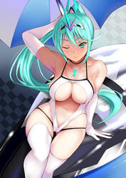 1girls ;d absurdres alternate_costume armpits bangs bare_shoulders blush breasts center_opening chest_jewel cleavage collarbone daive female gem green_eyes green_hair hair_ornament headpiece highres jewelry large_breasts latex leotard long_hair looking_at_viewer navel nintendo one_eye_closed open_mouth pneuma_(xenoblade) smile solo swept_bangs thighhighs thighs tiara very_long_hair white_leotard xenoblade_(series) xenoblade_chronicles_2