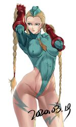 2019 alternate_costume belly_button blonde_eyebrows blonde_hair blue_eyes braids cammy_white capcom curvy cutesexyrobutts eyebrows female female_only leotard lips military_hat muscular muscular_female scar solo solo_female solo_focus street_fighter street_fighter_alpha thick_thighs tie twintails white_background yellow_tie