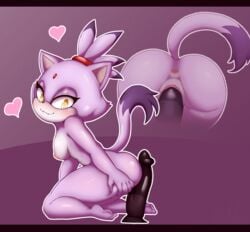 blaze_the_cat bodily_fluids breasts dildo dildo_sitting domestic_cat felid feline felis female fur genital_fluids genitals hi_res looking_back mammal nipples nude penetration purple_body pussy sex sex_toy side_boob simple_background sinrizuki smile solo sonic_(series) sonic_the_hedgehog_(series) video_games