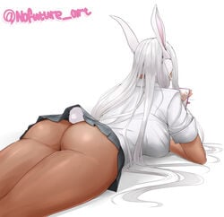 1girls ass bed big_ass big_breasts bottomless breasts bunny_ears bunny_tail dark-skinned_female dark_skin female headphones huge_ass long_hair miniskirt miruko my_hero_academia nofuture phone rumi_usagiyama school_uniform schoolgirl skirt thick_ass url white_background