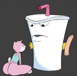 2boys adult_swim angry anthro aqua_teen_hunger_force ass crop_top cup dildo eroborus feline male_only master_shake no_pants pink_fur roz straw