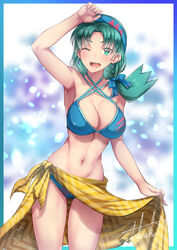 1girls aqua_eyes aqua_hair big_breasts bikini detailed_background female kris_(pokemon) nintendo pale-skinned_female pale_skin pokemon pokemon_gsc takecha thighs