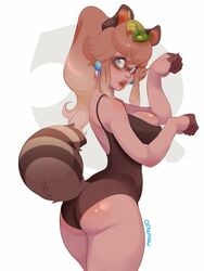 alternate_breast_size animal_ears animal_tail blonde_hair cosplay ear female leaf_on_head leotard mario_(series) nintendo ortamaw ponytail princess_peach solo super_mario_3d_world tagme tail tanooki_peach tanooki_suit