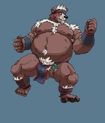 2020 anthro balls belly brown_body brown_fur bulge clothing fur genitals hi_res kemono kimun_kamui_(tokyo_afterschool_summoners) loincloth male male_only mammal moobs nipples overweight overweight_anthro overweight_male simple_background solo tokyo_afterschool_summoners ursid video_games 馬賽克