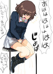 a1 akiyama_yukari black_footwear blush boots brown_eyes brown_hair eyebrows_visible_through_hair female girls_und_panzer long_sleeves masturbation military military_uniform one_eye_closed ooarai_military_uniform open_mouth pussy_juice short_hair simple_background sitting skirt solo squirting tears thighs translation_request uniform white_background white_skirt