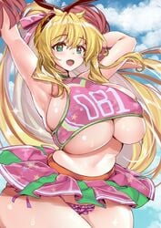 armpits arms_up auge_(auge_kuma) belly big_breasts bimbo blonde cheerleader cheerleader_uniform cute green_eyes happy huge_breasts looking_at_viewer metk nipples open_mouth panties skirt smile thick_thighs wide_hips