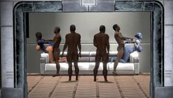 2girls 3d 3d_(artwork) 4boys alien alien_girl asari ashley_williams big_ass blue_skin couch dark-skinned_male dark_skin female gangbang group_sex huge_breasts human interracial interspecies kiasyon liara_t'soni male mass_effect multiple_boys multiple_girls partially_clothed prison_guard_position sex source_filmmaker