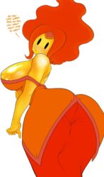 1girls adventure_time ass ass_in_dress blush blushing cameltoe clothed clothing fire flame_princess hips huge_ass huge_breasts imminent_sex legs looking_at_viewer looking_back lyn_nyl orange_hair orange_skin shiny_skin sideboob smiling smiling_at_viewer solo teasing text thick_thighs thighs through_clothes wide_hips