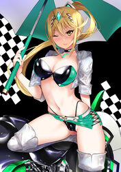 1girls ;p absurdres alternate_hairstyle belt belt_buckle bikini black_choker blonde_hair blush boots breasts buckle camisole checkered checkered_background choker cleavage closed_mouth cropped_jacket daive earrings female gem high_ponytail highleg highleg_panties highres holding holding_umbrella jacket jewelry large_breasts latex leg_up long_hair looking_at_viewer microskirt miniskirt mythra navel nintendo one_eye_closed open_clothes open_jacket race_queen short_sleeves skirt smile solo stomach swimsuit thigh_boots thighhighs thong_bikini tiara tongue tongue_out two-tone_background two-tone_bikini umbrella upskirt very_long_hair whale_tail white_footwear white_jacket xenoblade_(series) xenoblade_chronicles_2 yellow_eyes