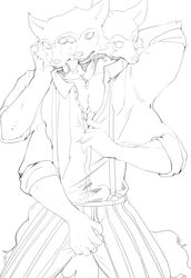 abstract absurd_res beastars bodily_fluids canid canine canis clothed clothing crotch_grab drooling grope hi_res legoshi_(beastars) male male_only mammal monochrome relax_lion saliva simple_background solo tongue tongue_out undressing white_background wolf